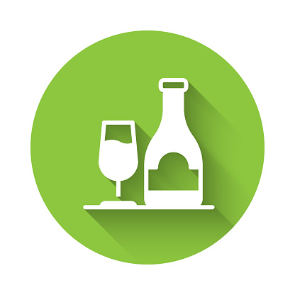 White Wine bottle with glass icon isolated with long shadow background. Green circle button. Vector.