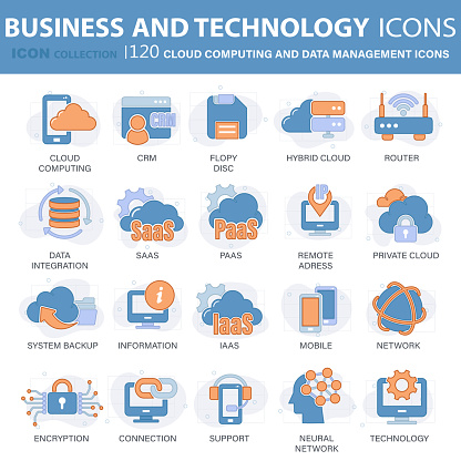 Cloud technology, programming, data management, internet connection, social network, computing, information. 120 blue technology icons set. Flat vector illustration