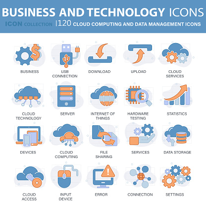 Cloud technology, programming, data management, internet connection, social network, computing, information. 120 blue technology icons set. Flat vector illustration