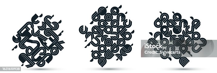 istock Abstract modern vector trendy designs set, geometric shapes stylish compositions, black and white modular pattern artistic illustrations, typography letters elements used. 1631610938