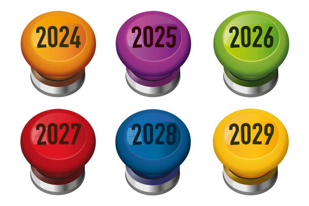 illustrations, cliparts, dessins animés et icônes de les années 2024 à 2025 écrites sur un buzzer pour une présentation. - buzzer