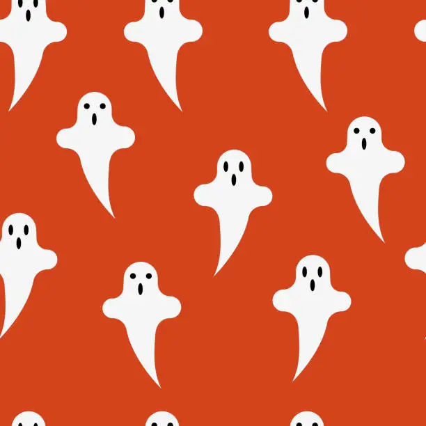 Vector illustration of Seamless halloween pattern with ghosts on orange background.