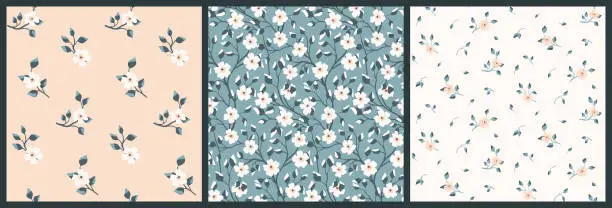 Vector illustration of Seamless floral pattern with cute small flowers on the branches in the collection.