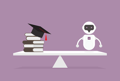 Graduation cap, books and AI robot on a lever for comparing the university and AI technology