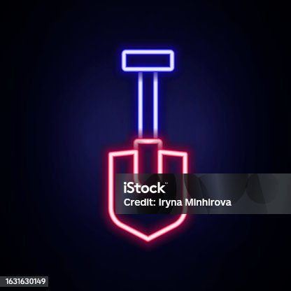 istock Glowing neon line Shovel icon isolated on brick wall background. Gardening tool. Tool for horticulture, agriculture, farming. Colorful outline concept. Vector 1631630149