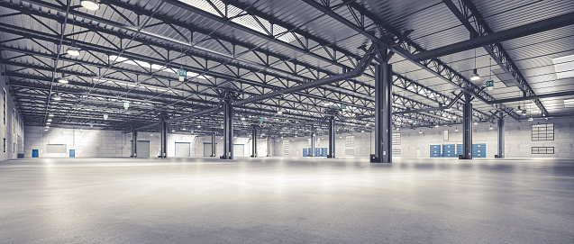 horizontal image of an empty warehouse with a metal structure. 3d render