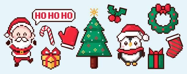 illustrazioni stock, clip art, cartoni animati e icone di tendenza di set di natale di elementi festivi pixel - babbo natale, albero di natale, pinguino, regali, ghirlanda сhristmas, calzino, guanto e oter. biglietto di auguri di capodanno, adesivi, logo, app. - vector frozen pixelated multi colored