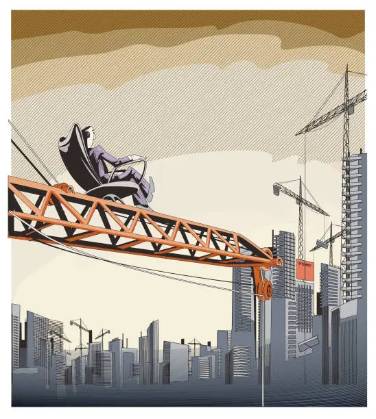 Vector illustration of contractor businessman sitting on top of crane watching construction