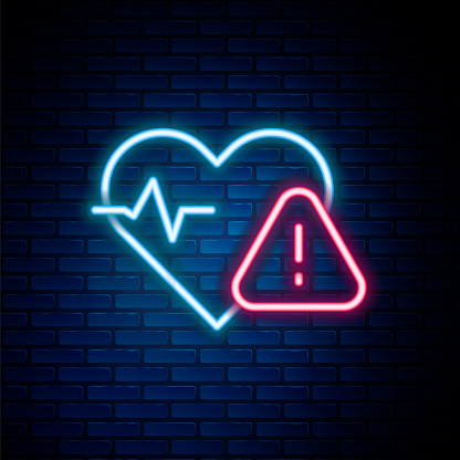 Glowing neon line Heart rate icon isolated on brick wall background. Heartbeat sign. Heart pulse icon. Cardiogram icon. Colorful outline concept. Vector.