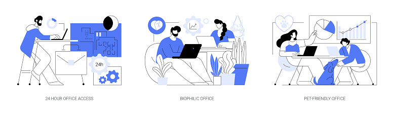 Office facilities and design isolated cartoon vector illustrations set. 24 hour smart office access, biophilic office space, pet-friendly modern workplace, vertical garden vector cartoon.