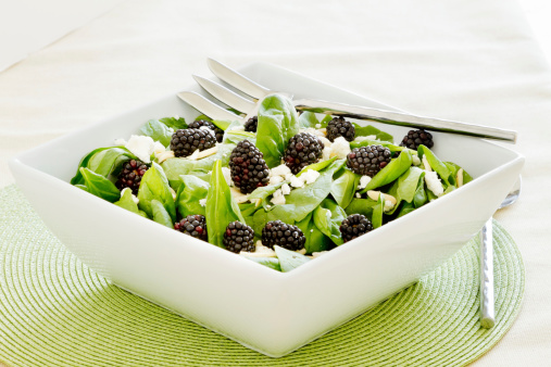 Blackberry Spinach Salad with almond slivers and feta cheese