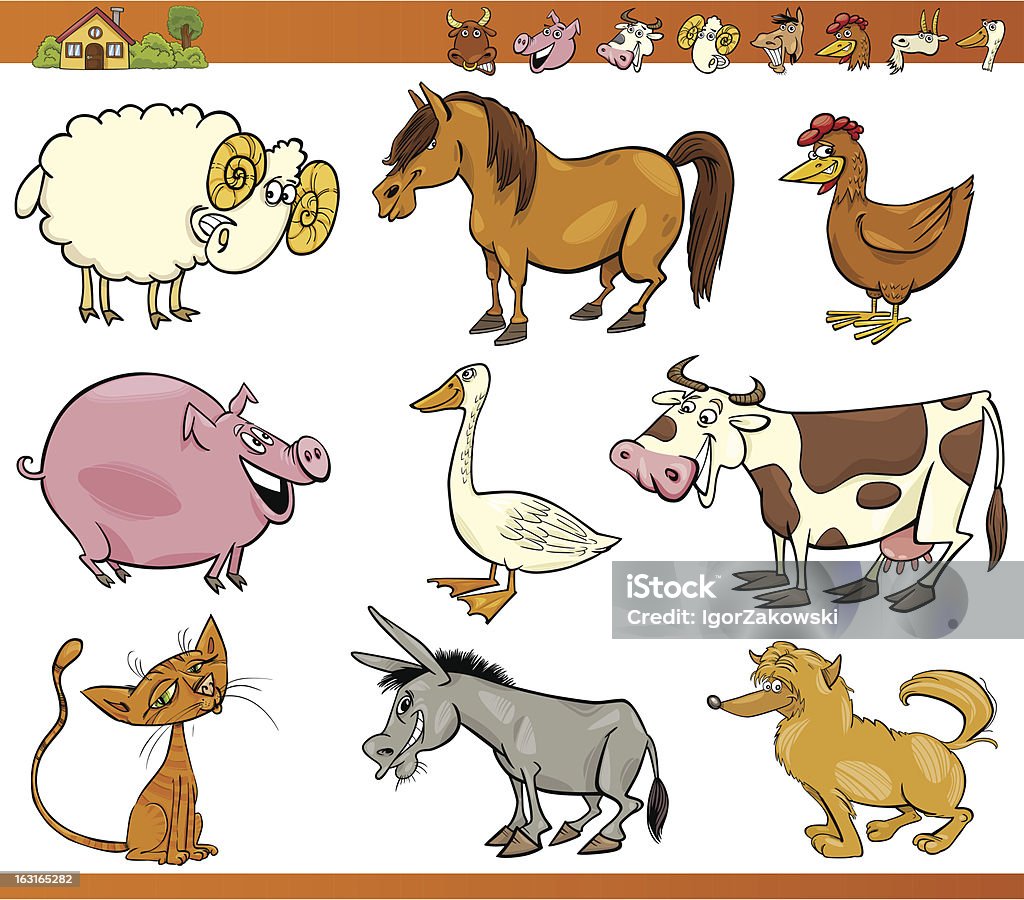 Zestaw Ilustracja kreskówka zwierząt gospodarskich - Grafika wektorowa royalty-free (Baran - Zwierzę płci męskiej)