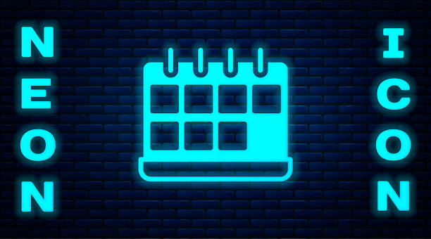 istock Glowing neon Calendar icon isolated on brick wall background. Event reminder symbol. Vector 1631653089