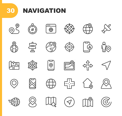 30 Navigation Outline Icons. Airplane, Arrow, Car, Cartography, City, Destination, Direction, Distance, Dollar Sign, Driving, Earth, Exploration, Flying, Globe, Goal, GPS, Highway, Home, Locator, Map, Marker, Mobile App, Navigation, Path, Payment, Pin, Plane, Pointer, Radar, Road, Route, Satellite, Sign, Smartphone, Street, Target, Technology, Tourism, Traffic, Transport, Transportation, Travel, Vehicle.