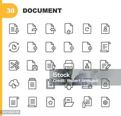 istock Document Line Icons. Editable Stroke. Pixel Perfect. For Mobile and Web. Contains such icons as Agreement, Certificate, Chart, Clipboard, Config, Data, Download, E-Mail, File, Image, Law, Report, Resume, Search, Security, Settings, Share, Text, Upload. 1631656538