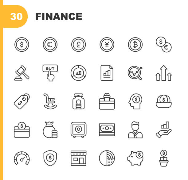 Finance and Money Line Icons. Editable Stroke. Pixel Perfect. For Mobile and Web. Contains such icons as Bank, Chart, Credit Card, Cryptocurrency, Debt, Diagram, Dollar, E-Commerce, Insurance, Payments, Price, Retirement, Shopping, Stock Market, Wallet. 30 Finance and Money Outline Icons. Auction, Bank, Bar Code, Bear, Bull, Business, Businessman, Buy, Calculator, Chart, Coin, Credit, Credit Card, Cryptocurrency, Currency, Currency Exchange, Debit, Debt, Diagram, Diamond, Document, Dollar, Dollar Bill, E-Commerce, Economy, Euro, Gift, Global Business, Growth, Innovation, Insurance, Interest, Investment, Law, Loss, Loyalty Program, Mobile App, Money, Mortgage, Nest Egg, Newspaper, Payment, Performance, Piggy Bank, Price, Price Tag, Report, Retirement, Return on Investment, Safe, Savings, Sell, Shop, Shopping, Speedometer, Startup, Stock Exchange, Stock Market, Store, Taxes, Wallet. robert stock stock illustrations