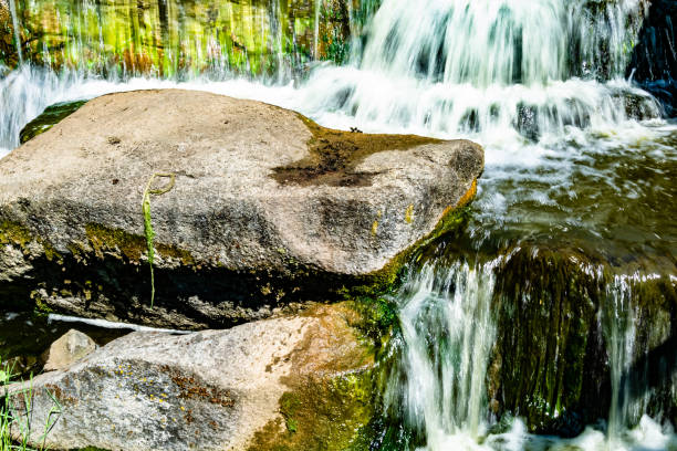 Gully with waterfall and green moss captured during a long exposure. Scenic nature background landscape.