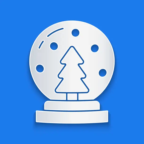 Vector illustration of Paper cut Christmas snow globe with fallen snow and christmas tree icon isolated on blue background. Merry Christmas and Happy New Year. Paper art style. Vector