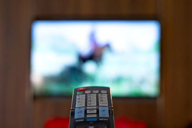istock Hand holding a TV remote control pointing towards the TV 1631661778