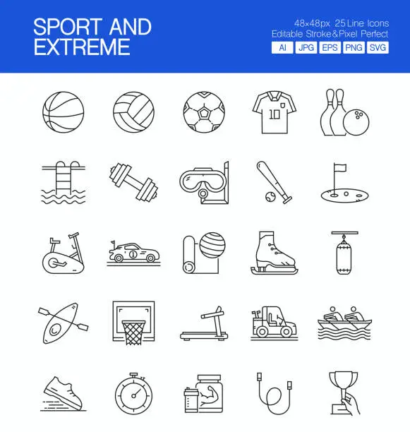 Vector illustration of Sport And Extreme thin line vector icon set. The design is editable and the color can be changed. Vector set of creativity icons: football, basketball, baseball, ice skating, golf, canoe, box, swimming