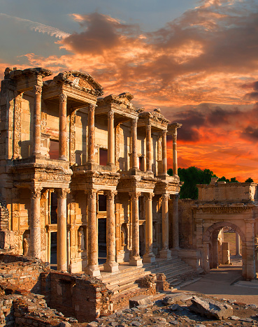 Celsus Library in Ephesus at amazing sunset - Selcuk, Turkey
