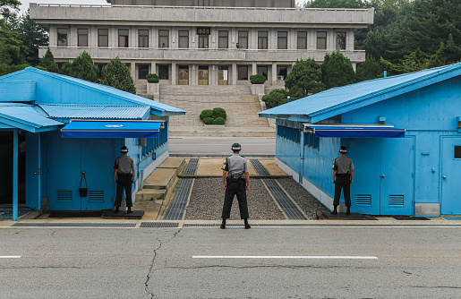 Panmunjom, South Korea - July 28, 2020: The Demilitarized zone or DMZ between the two Korean countries. Running across the Korean Peninsula near the 38th parallel north. The most protected border