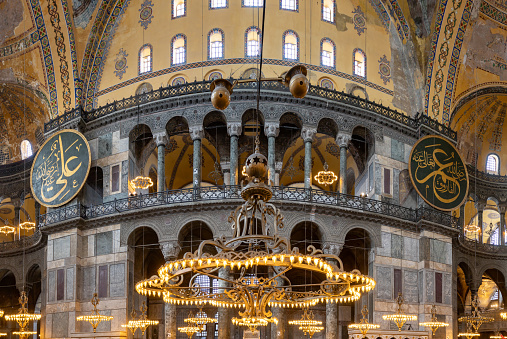 A picture of the colorful and gorgeous interior of the Hagia Sophia, in Istanbul.