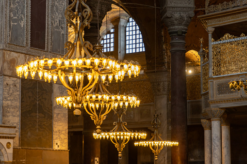 A picture of the colorful and gorgeous interior of the Hagia Sophia, in Istanbul.
