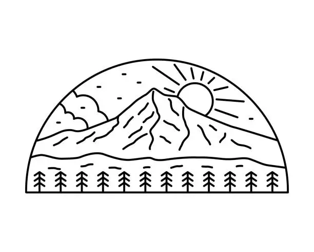 Vector illustration of Mt Hood in Oregon in mono line vector for t shirt, badge, patch, sticker and other