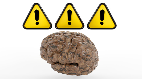 3D rendering of a rusty brain with an exclamation mark, sign, warning on white background, Lack of idea and creative brain usage concept