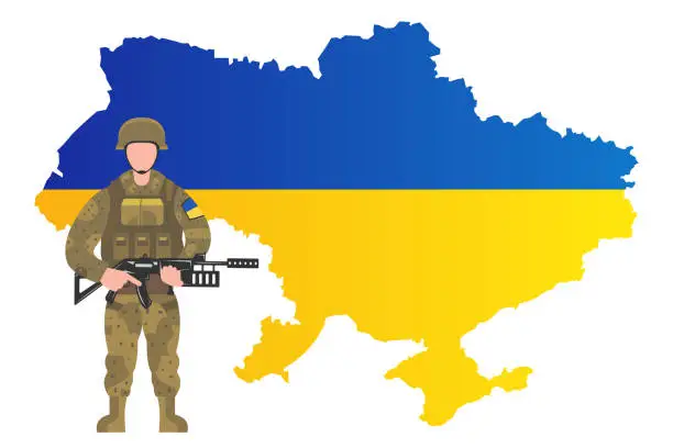 Vector illustration of Ukrainian soldier in flat style. Ukraine territory and flag colors behind. Independence concept. Vector illustration.