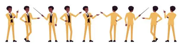Vector illustration of African american yellow suit man, businessman set, point, show, present