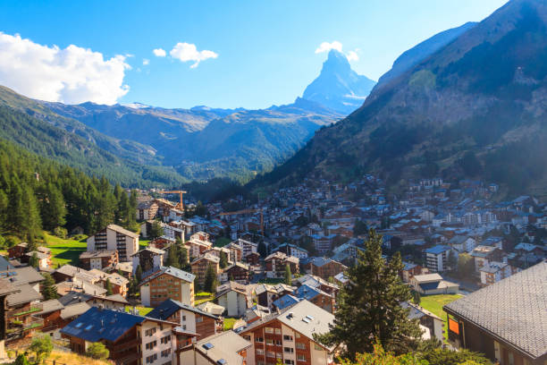 View of Zermatt town and Matterhorn mountain in the Valais canton, Switzerland stock photo