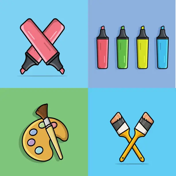 Vector illustration of Set of Paint Art Elements vector illustration. Painting working tool equipment icon concept. Collection of Paint Brush and Highlighter Pen vector design.