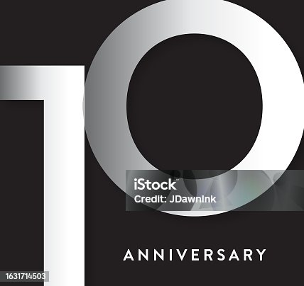 istock 10 Year Anniversary square label geometric typography design in silver 1631714503