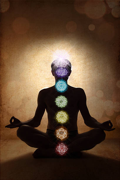 istock Yoga man in lotus pose with chakra symbols 163171719