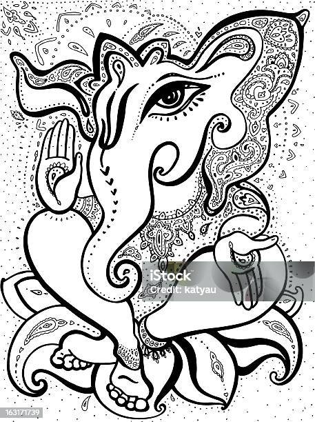 Ilustración de Ganesha Ilustración A Mano y más Vectores Libres de Derechos de Blanco y negro - Blanco y negro, Elefante, Suerte