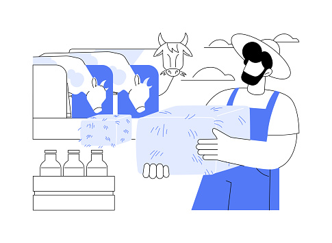 Handling milk cows abstract concept vector illustration. Farmer deals with rearing of animals, checking livestock on ranch, agriculture industry worker, production sector abstract metaphor.