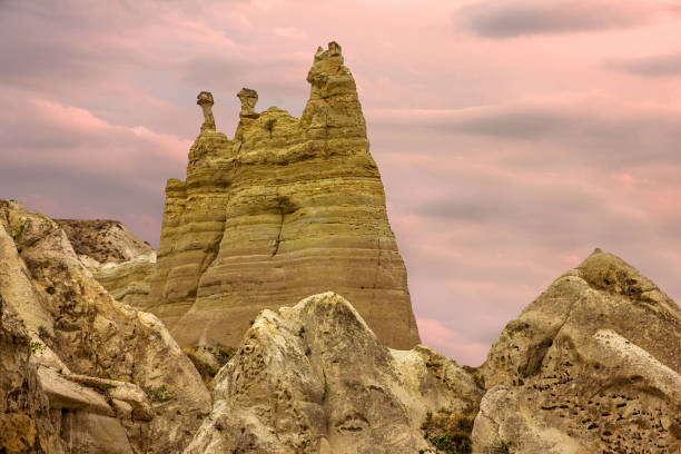 Volcanic mountain rock sunset landscape, Cappadocia, Turkey.