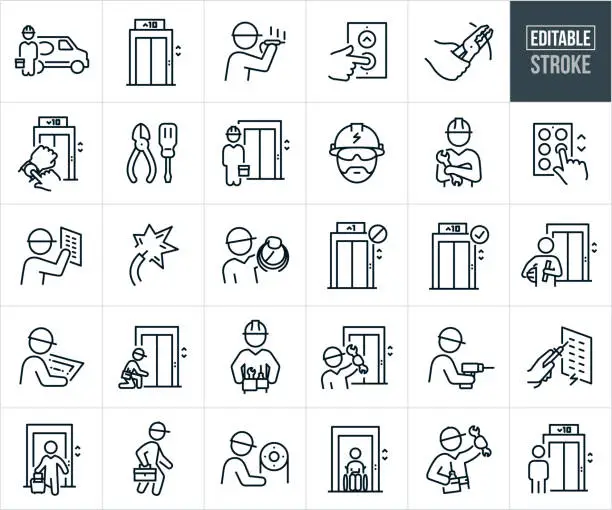 Vector illustration of Elevator Installation And Repair Thin Line Icons - Editable Stroke