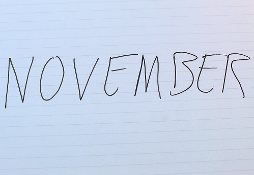 A photo of the month November written  on a white lined page.