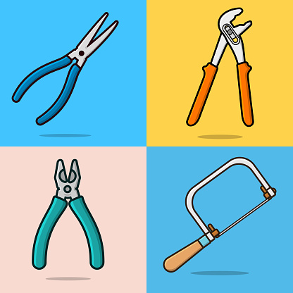 Set of Mechanic Working tools vector illustration. Pliers, Coping Saw, Cutting Pliers and Adjustable Water Pump Pliers tool vector design. Interior repairing service, working tools icon design.