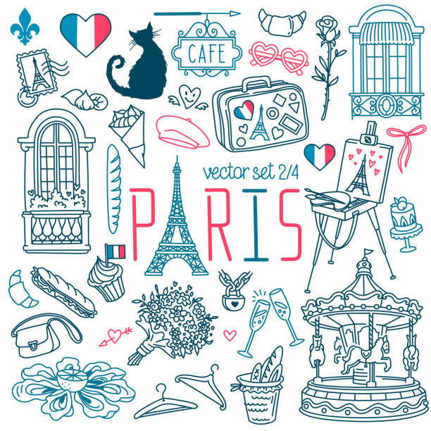 Paris and France doodle set. French traditional symbols, food and landmarks. Drawings isolated on white background. Outline stroke is not expanded, stroke weight is editable eiffel tower restaurant stock illustrations