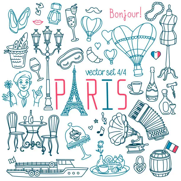 Vector illustration of Paris and France doodle set. French traditional symbols, food and landmarks.