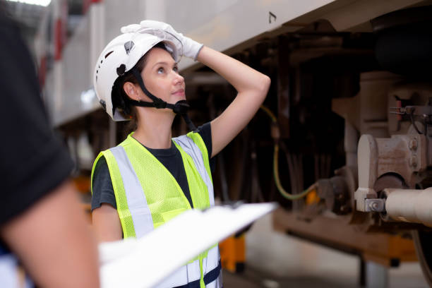 istock Young caucasian engineer man and woman or worker checking electric train for planning maintenance looking document on clipboard in station, transport and infrastructure, inspector check transport. 1631747752