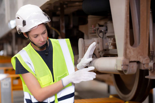 istock Young caucasian engineer woman or worker looking and checking electric train for planning maintenance in station, transport and infrastructure, inspector or technician check and fix transport. 1631748298