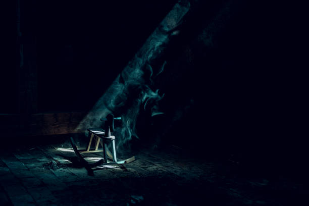 Old wooden rocking horse in spooky house