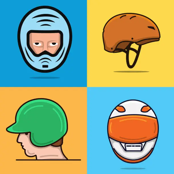 Vector illustration of Set of Sport Safety Helmet equipment vector illustration. People head safety object icon concept. Collection of Motorbike Helmet, Baseball and Cycling Helmet vector design.