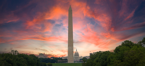 Panorama of the Washington Monument with the capitol of the United States in the distance on in the morning.