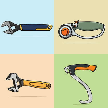 Set of Mechanic and Farmer Working Tools vector illustration. Adjustable Wrench, Electric Circular Saw and Field Cutter tool vector design. Car repairing service, Cutter for trimming vector design.